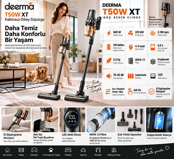 Deerma T50W XT Kablosuz Dikey Süpürge