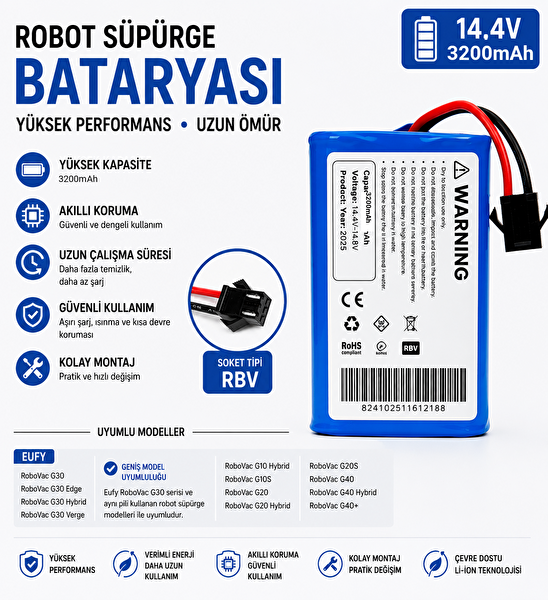 İnfostar Ecovacs Deebot 601 Uyumlu Robot Süpürge Bataryası 14.4V 3200 mAh Li-ion