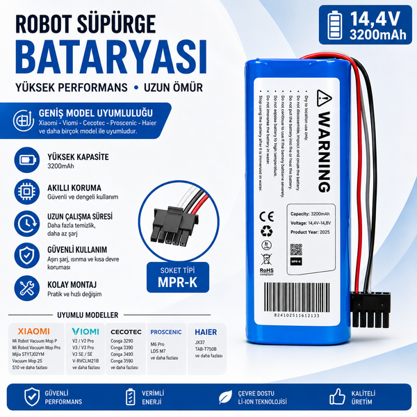 İnfostar Cecotec Conga 3890 ile Uyumlu Robot Süpürge Pili 14-4V 3200 mAh