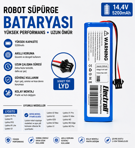 İnfostar Arnica Sil Süpür ET13350 Uyumlu Robot Süpürge Bataryası - 14.4V 5200 mAh Li-ion
