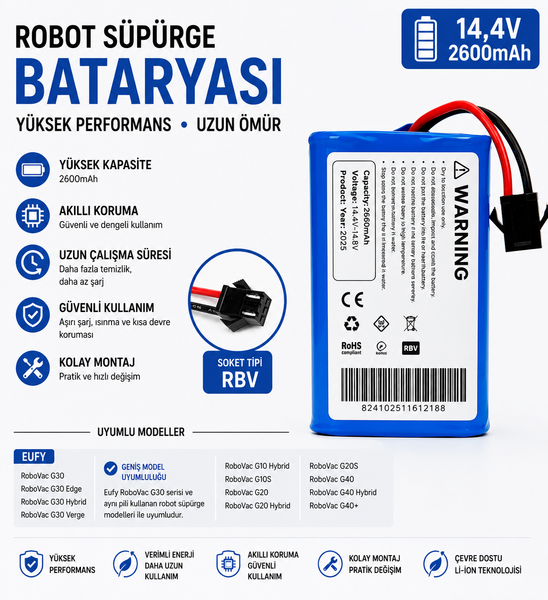 İnfostar Anker Eufy RoboVac G40 Uyumlu Robot Süpürge Bataryası - 14.4V 2600 mAh Li-ion