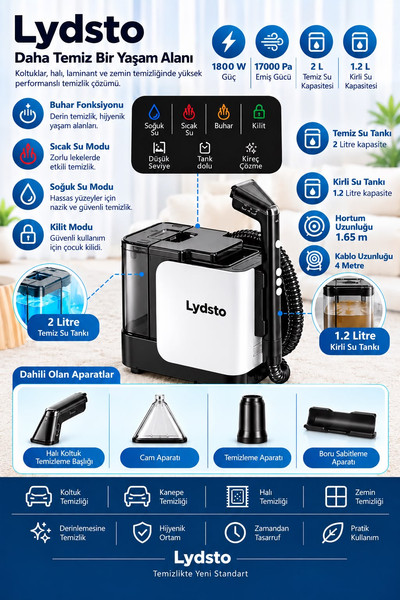 Lydsto C990 Akıllı Ses Modlu 1800W 17000 Pa Sıcak Su Ve Buharlı Halı Koltuk Yıkama Leke Çıkarma Makinesi