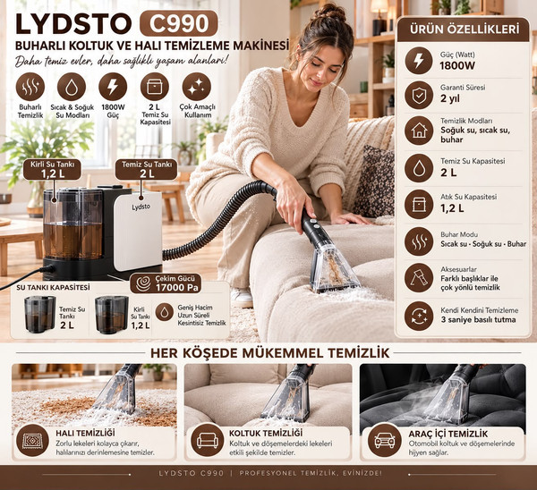 Lydsto C990 Akıllı Ses Modlu 1800W 17000 Pa Sıcak Su Ve Buharlı Halı Koltuk Yıkama Leke Çıkarma Makinesi
