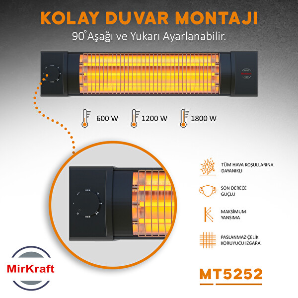 MirKraft MT-5252 1800 W 3 Kademe Quartz Elektrikli Infrared Isıtıcı