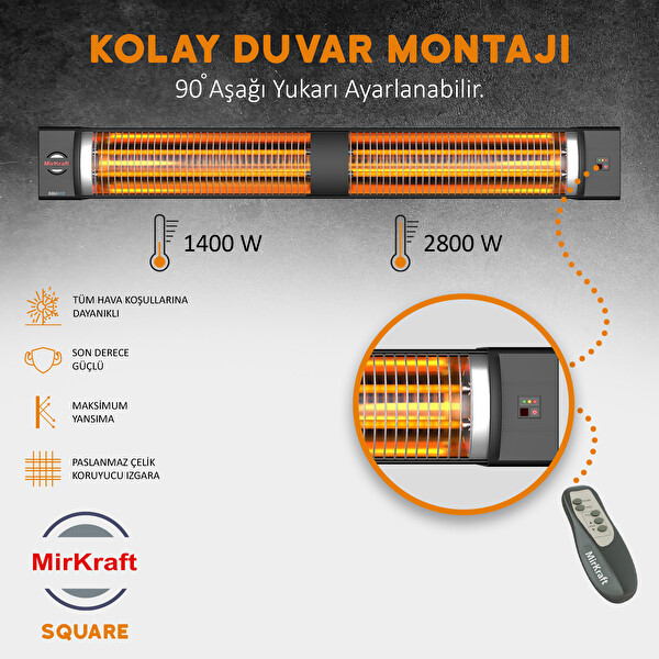MirKraft Square 2800 W IP45 Led Gösterge Uzaktan Kumandalı Elektrikli Duvar Isıtıcısı