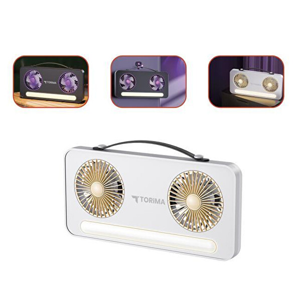 Torima F-23 LED Işıklı Çift Fanlı 1200 mAh Şarjlı Taşınabilir Mini Masaüstü Vantilatör Beyaz