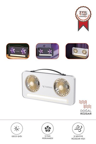 Torima F-23 LED Işıklı Çift Fanlı 1200 mAh Şarjlı Taşınabilir Mini Masaüstü Vantilatör Beyaz