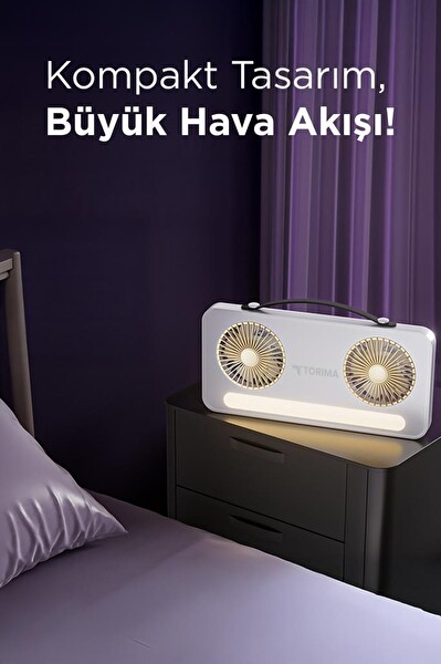 Torima F-23 LED Işıklı Çift Fanlı 1200 mAh Şarjlı Taşınabilir Mini Masaüstü Vantilatör Beyaz