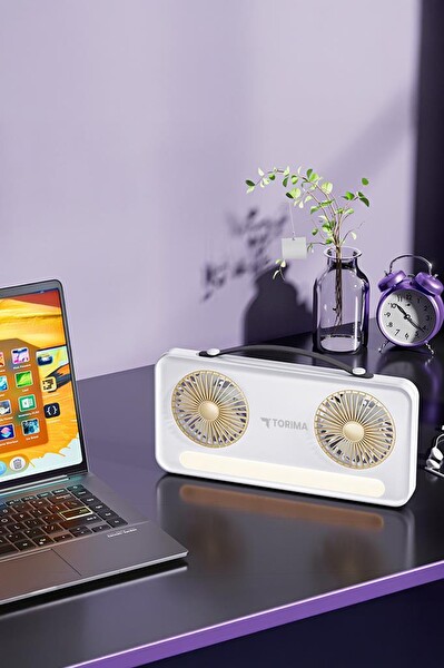 Torima F-23 LED Işıklı Çift Fanlı 1200 mAh Şarjlı Taşınabilir Mini Masaüstü Vantilatör Beyaz