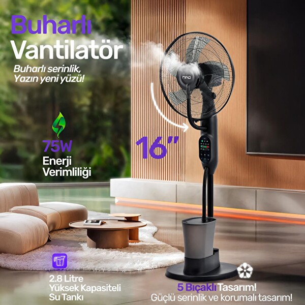 NPO N01 Buz Eklenebilir Ultrasonik Buharlı Zaman Ayarlı 3 Kademli Sessiz 75 W Akıllı Vantilatör