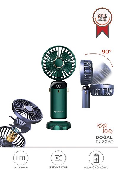 Torima F-19 Dijital Ekranlı Şarjlı 90 Derece Ayarlanabilir Başlıklı Mini Masa Fan Vantilatör Yeşil