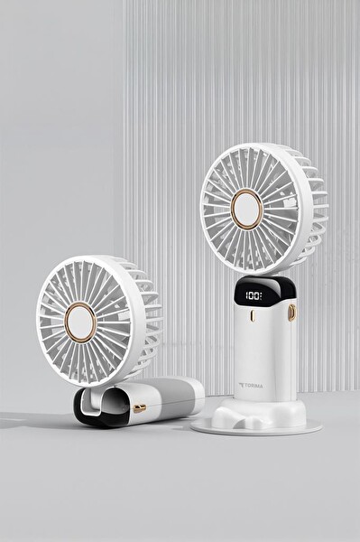 Torima F-19 Dijital Ekranlı Şarjlı 90 Derece Ayarlanabilir Başlıklı Mini Masa Fan Vantilatör Beyaz