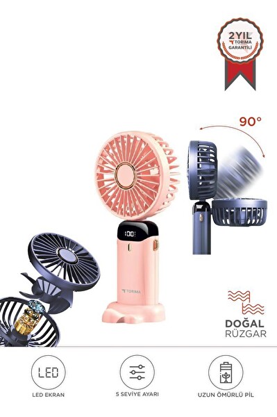 Torima F-19 Dijital Ekranlı Şarjlı 90 Derece Ayarlanabilir Başlıklı Mini Masa Fan Vantilatör Pembe