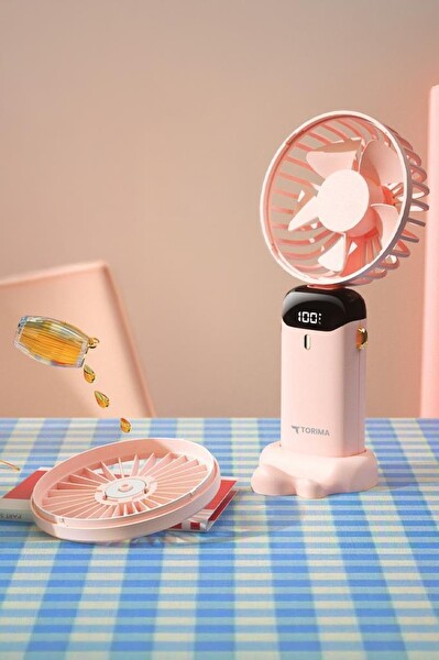 Torima F-19 Dijital Ekranlı Şarjlı 90 Derece Ayarlanabilir Başlıklı Mini Masa Fan Vantilatör Pembe