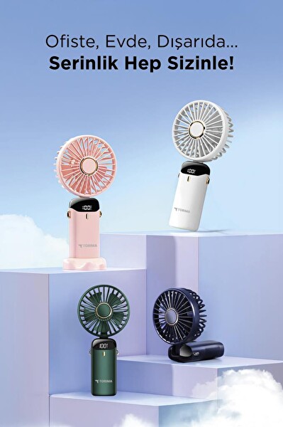 Torima F-19 Dijital Ekranlı Şarjlı 90 Derece Ayarlanabilir Başlıklı Mini Masa Fan Vantilatör Pembe