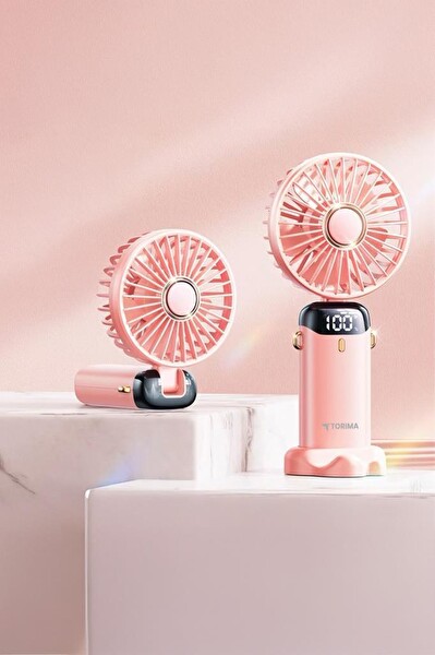 Torima F-19 Dijital Ekranlı Şarjlı 90 Derece Ayarlanabilir Başlıklı Mini Masa Fan Vantilatör Pembe