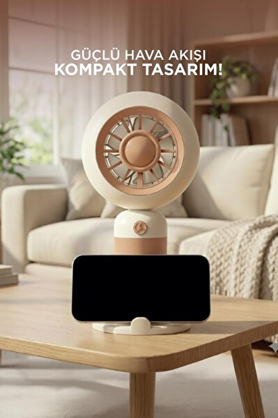 Torima F55 Şarjlı El Vantilatörü Telefon Standlı 3 Kademeli Masaüstü Taşınabilir Fan Kahverengi