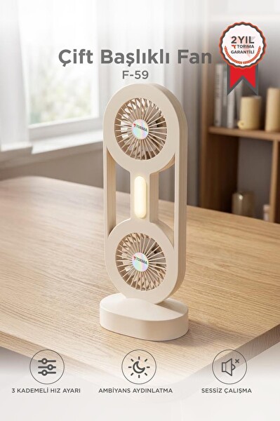Torima F59 Şarjlı Masaüstü Vantilatör Çift Başlıklı 1200 Mah Işıklı Taşınabilir Masa Fanı Bej