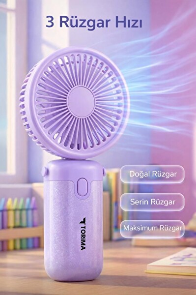 Torima F57 Şarjlı El Vantilatörü Masaüstü Stantlı 3 Kademeli Taşınabilir Mini Fan Mor