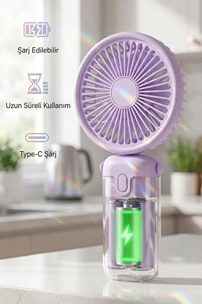 Torima F57 Şarjlı El Vantilatörü Masaüstü Stantlı 3 Kademeli Taşınabilir Mini Fan Mor