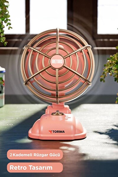 Torima F50 Şarjlı Masaüstü Vantilatör Vintage Retro Tasarım 400 Mah Taşınabilir Masa Fanı Pembe