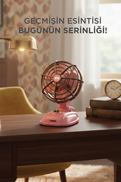 Torima F50 Şarjlı Masaüstü Vantilatör Vintage Retro Tasarım 400 Mah Taşınabilir Masa Fanı Pembe