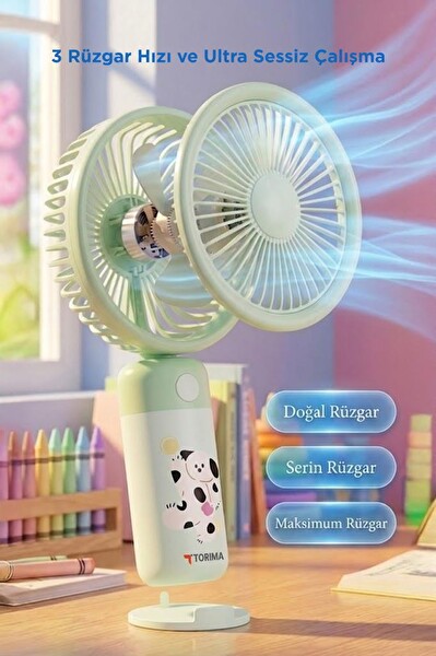 Torima F56 Şarjlı El Vantilatörü Masaüstü Stantlı 3 Kademeli Taşınabilir Mini Fan Yeşil