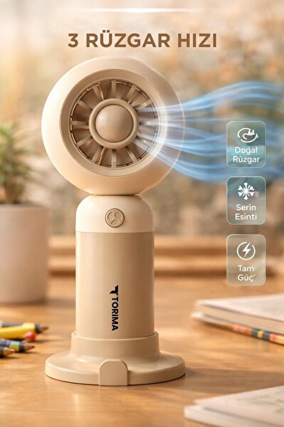 Torima F55 Şarjlı El Vantilatörü Telefon Standlı 3 Kademeli Masaüstü Taşınabilir Fan Krem
