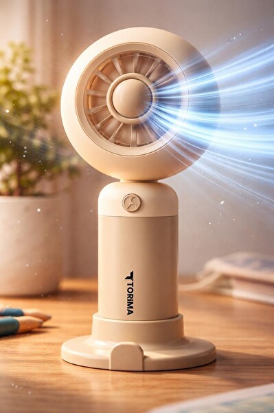 Torima F55 Şarjlı El Vantilatörü Telefon Standlı 3 Kademeli Masaüstü Taşınabilir Fan Krem