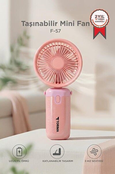 Torima F57 Şarjlı El Vantilatörü Masaüstü Stantlı 3 Kademeli Taşınabilir Mini Fan Pembe