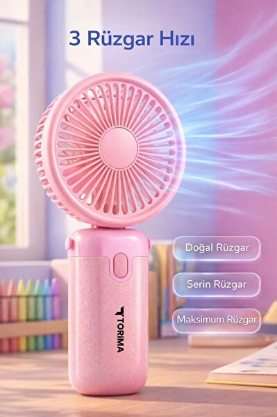 Torima F57 Şarjlı El Vantilatörü Masaüstü Stantlı 3 Kademeli Taşınabilir Mini Fan Pembe