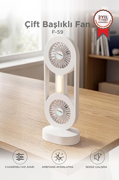 Torima F59 Şarjlı Masaüstü Vantilatör Çift Başlıklı 1200 Mah Işıklı Taşınabilir Masa Fanı Beyaz