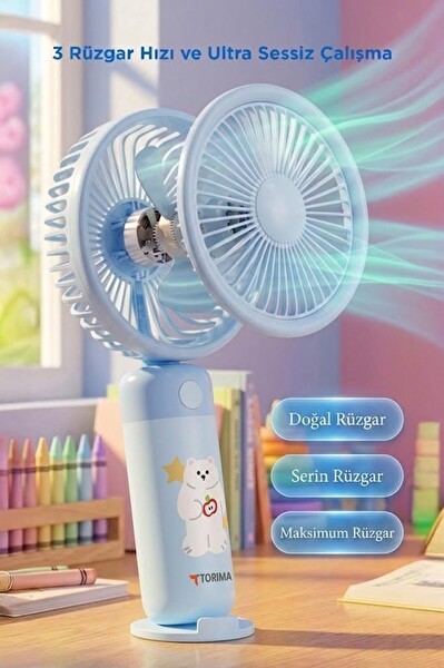 Torima F56 Şarjlı El Vantilatörü Masaüstü Stantlı 3 Kademeli Taşınabilir Mini Fan Mavi