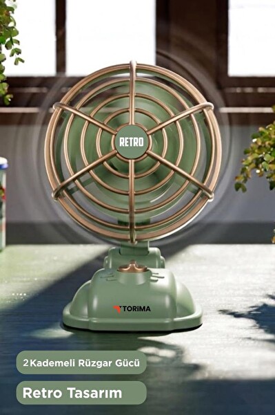 Torima F50 Şarjlı Masaüstü Vantilatör Vintage Retro Tasarım 400 Mah Taşınabilir Masa Fanı Yeşil