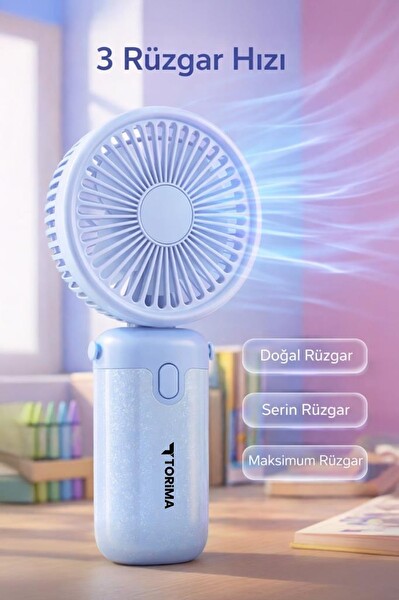 Torima F57 Şarjlı El Vantilatörü Masaüstü Stantlı 3 Kademeli Taşınabilir Mini Fan Mavi