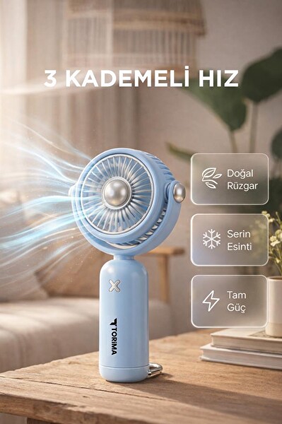 Torima F60 Şarjlı El Vantilatörü Hareketli Başlıklı 3 Kademeli Mini Taşınabilir Masa Fanı Mavi