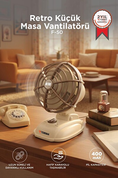 Torima F50 Şarjlı Masaüstü Vantilatör Vintage Retro Tasarım 400 Mah Taşınabilir Masa Fanı Beyaz