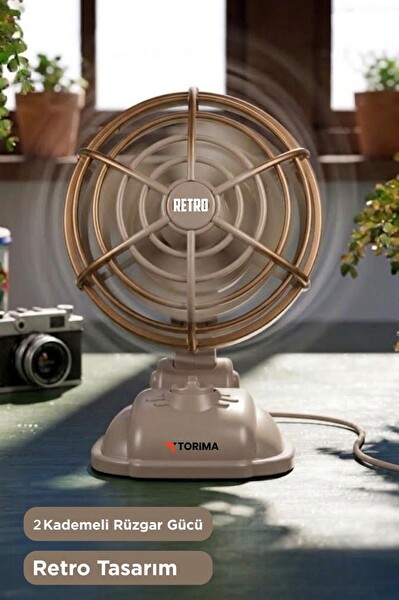 Torima F50 Şarjlı Masaüstü Vantilatör Vintage Retro Tasarım 400 Mah Taşınabilir Masa Fanı Beyaz
