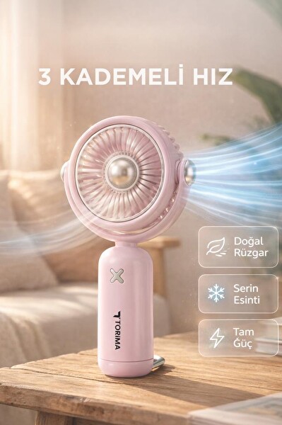 Torima F60 Şarjlı El Vantilatörü Hareketli Başlıklı 3 Kademeli Mini Taşınabilir Masa Fanı Pembe