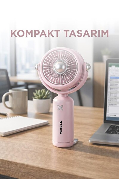 Torima F60 Şarjlı El Vantilatörü Hareketli Başlıklı 3 Kademeli Mini Taşınabilir Masa Fanı Pembe