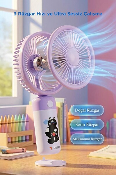 Torima F56 Şarjlı El Vantilatörü Masaüstü Stantlı 3 Kademeli Taşınabilir Mini Fan Mor