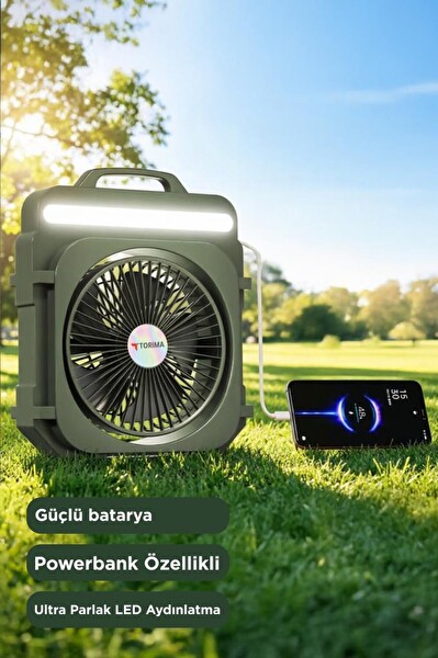 Torima Şarjlı Masaüstü Vantilatör Kamp Tipi 4000 Mah Işıklı Taşınabilir Masa Fanı F53 Yeşil