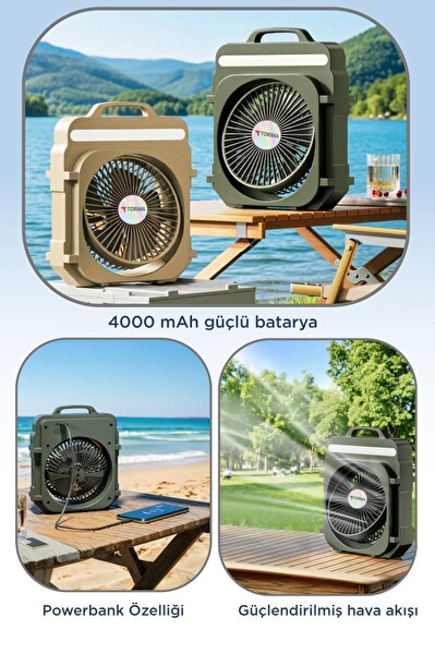 Torima Şarjlı Masaüstü Vantilatör Kamp Tipi 4000 Mah Işıklı Taşınabilir Masa Fanı F53 Yeşil