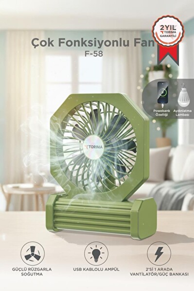 Torima Şarjlı Masaüstü Vantilatör Powerbank Özellikli 3600 Mah Işıklı Taşınabilir Masa Fanı F58 Yeşil