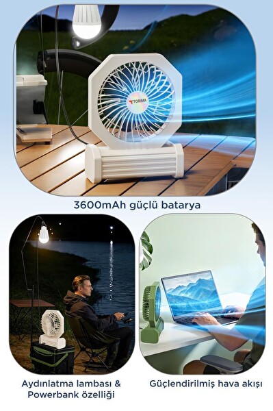 Torima Şarjlı Masaüstü Vantilatör Powerbank Özellikli 3600 Mah Işıklı Taşınabilir Masa Fanı F58 Yeşil
