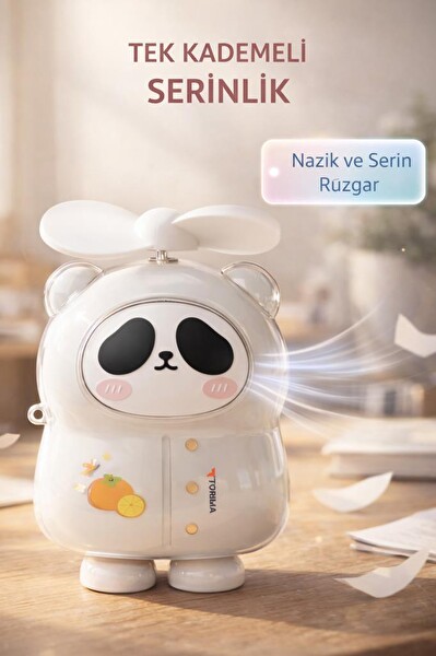 Torima F69 Şarjlı El Vantilatörü Panda Figürlü Taşınabilir Mini Masa Fanı Beyaz 2