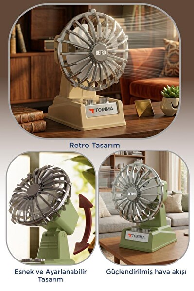 Torima F51 Şarjlı Masaüstü Vantilatör Retro Tasarım 500 Mah Taşınabilir Mini Masa Fanı Yeşil