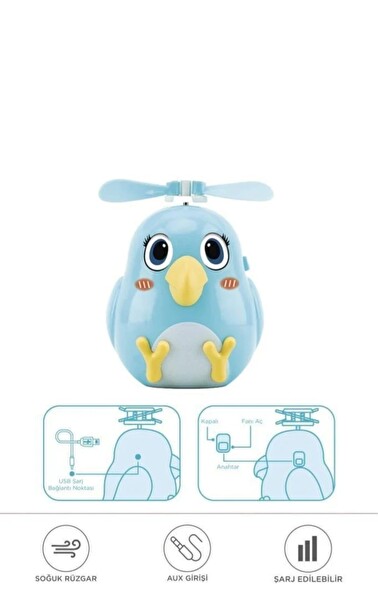 Başkenttekno F-31 El Tipi Mini Fan Vantilatör Sevimli Kuş Figürlü Taşınabilir Mini Fan Mavi