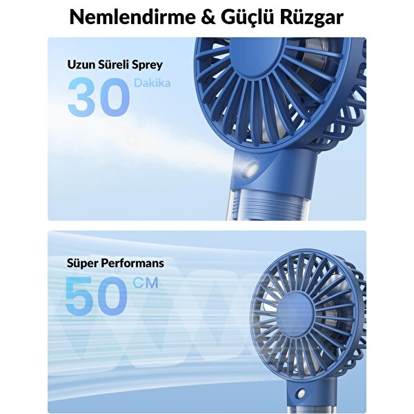 Warmco K31 Su Püskürtmeli Şarjlı El Vantilatörü Taşınabilir Masaüstü Standlı 3 Kademeli Serinletici Mini Soğutucu Fan Lacivert
