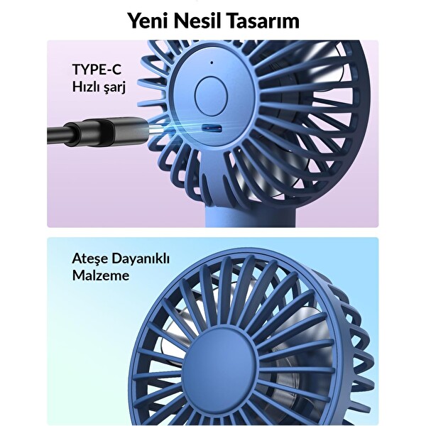 Warmco K31 Su Püskürtmeli Şarjlı El Vantilatörü Taşınabilir Masaüstü Standlı 3 Kademeli Serinletici Mini Soğutucu Fan Lacivert